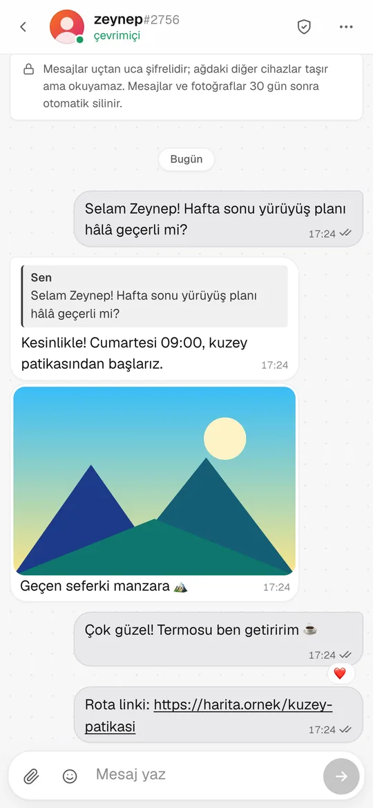 A conversation with a photo, a reply and a reaction