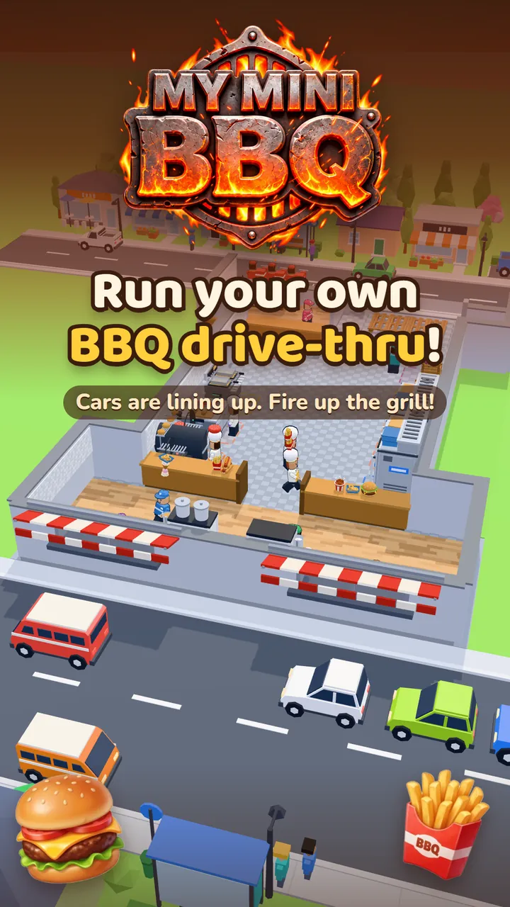 My Mini BBQ: run your own BBQ drive-thru — cars lining up at a roadside grill